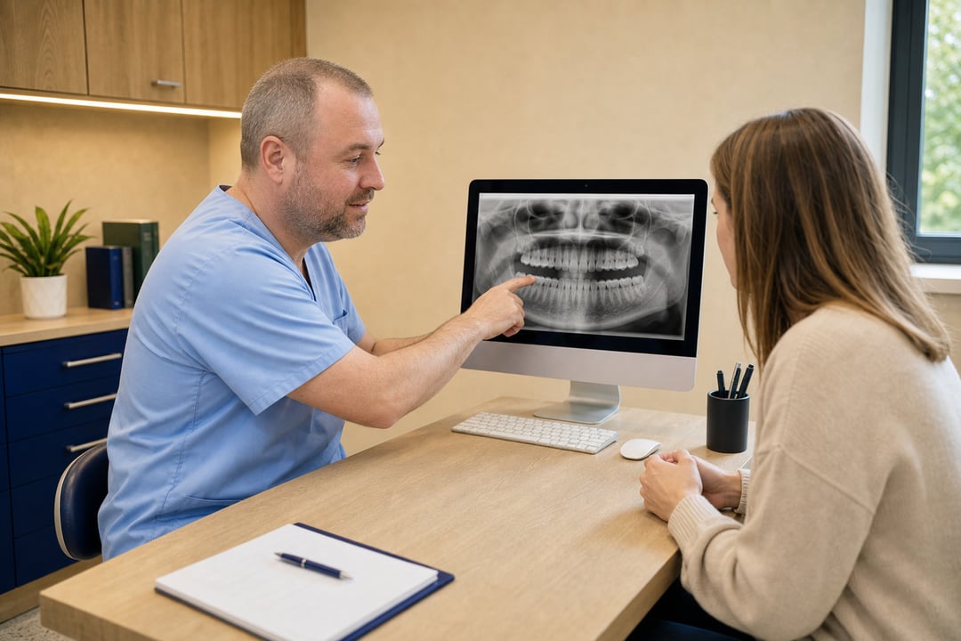 Lekarz pokazuje pacjentce zdjęcie pantomograficzne na ekranie.
