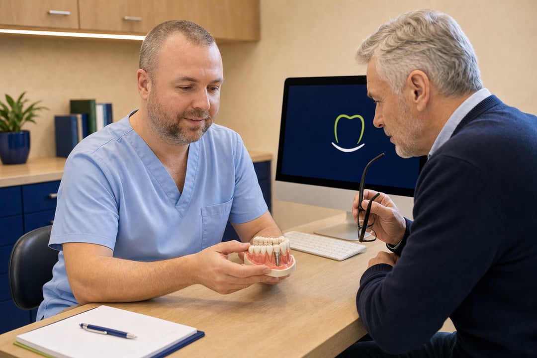Lekarz pokazuje pacjentowi model implantu na konsultacji.